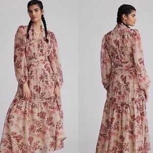Anthropologie Let Me Be Floral Long Sleeve Boho Maxi Dress Cream Red L